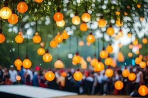 beaucoup Orange lumières pendaison de des arbres dans une parc. généré par ai photo