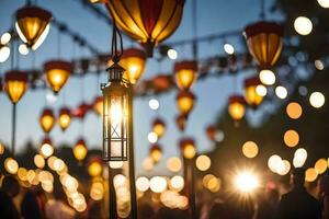 beaucoup lanternes sont pendaison dans le air à nuit. généré par ai photo