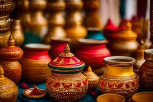 beaucoup coloré des pots et des vases sont sur afficher. généré par ai photo