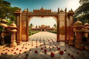 un fleuri entrée à une palais avec rouge des roses. généré par ai photo