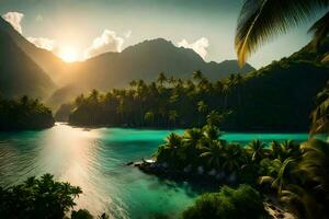 le Soleil ensembles plus de une tropical île avec paume des arbres. généré par ai photo