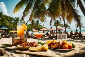 une table avec nourriture et les boissons sur le plage. généré par ai photo