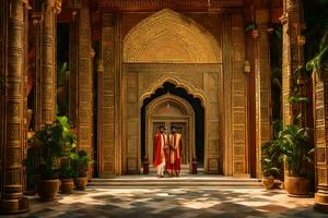 le entrée à une palais avec fleuri piliers et piliers. généré par ai photo