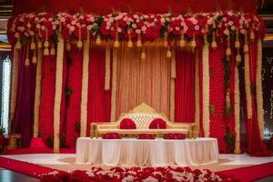 une rouge et or mariage étape décoré avec fleurs. généré par ai photo