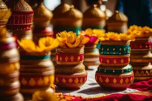 une table avec beaucoup coloré des vases sur il. généré par ai photo