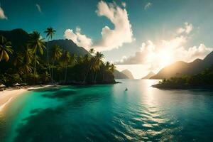 une tropical plage avec paume des arbres et l'eau. généré par ai photo