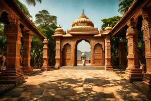 une magnifique temple dans Inde avec une passerelle et des arbres. généré par ai photo