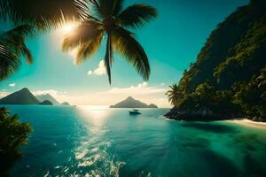 une tropical île avec paume des arbres et une bateau. généré par ai photo