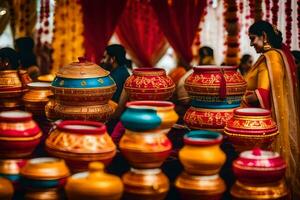 une table avec coloré des pots et boules. généré par ai photo