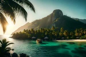 tropical île avec paume des arbres et une bateau. généré par ai photo