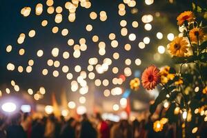 une foule de gens à nuit avec lumières. généré par ai photo