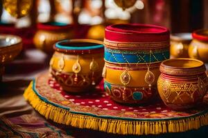 une table avec coloré des pots et boules sur il. généré par ai photo