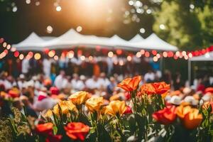 une foule de gens à un Extérieur un événement avec tulipes. généré par ai photo