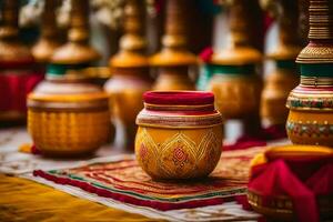 une table avec beaucoup coloré des vases sur il. généré par ai photo