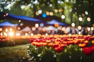 tulipes dans le Soleil à une festival. généré par ai photo