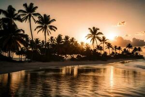 le Soleil ensembles plus de le océan et paume des arbres. généré par ai photo