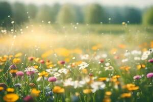 une champ de fleurs sauvages avec Soleil des rayons brillant à travers. généré par ai photo