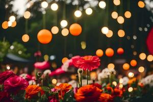 fleurs dans le jardin avec lumières. généré par ai photo