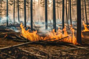 une forêt Feu dans le milieu de une forêt. généré par ai photo