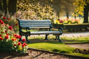 une parc banc dans une jardin entouré par fleurs. généré par ai photo