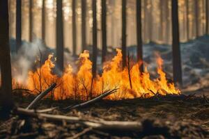 une forêt Feu dans le milieu de une forêt. généré par ai photo