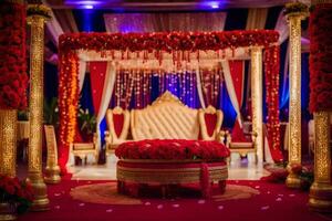 un Indien mariage la cérémonie avec rouge et or décorations. généré par ai photo