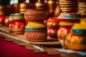 beaucoup coloré des pots sont sur afficher dans une chambre. généré par ai photo