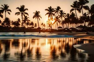 le Soleil ensembles sur le plage dans dominique. généré par ai photo