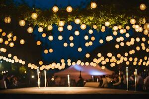 une mariage la cérémonie avec lumières pendaison de le plafond. généré par ai photo