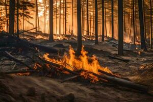 une forêt Feu dans le milieu de une forêt. généré par ai photo