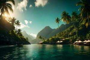 tropical île avec paume des arbres et une bateau. généré par ai photo