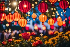 chinois lanternes et fleurs dans le jardin. généré par ai photo