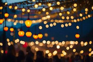 une groupe de gens permanent en dessous de une chaîne de lumières. généré par ai photo