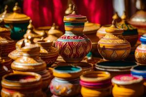 beaucoup coloré des pots et des vases sont sur afficher. généré par ai photo