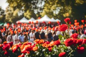 rouge des roses dans le parc. généré par ai photo