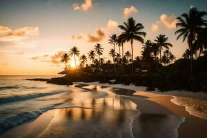 le Soleil ensembles sur le plage dans le Maldives. généré par ai photo