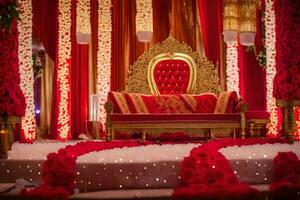 un Indien mariage étape décoré avec rouge et or. généré par ai photo