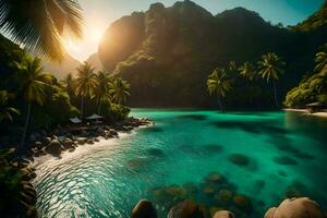 le Soleil brille plus de une tropical île avec paume des arbres. généré par ai photo