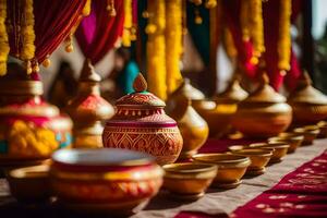 une table avec beaucoup coloré des pots et boules. généré par ai photo