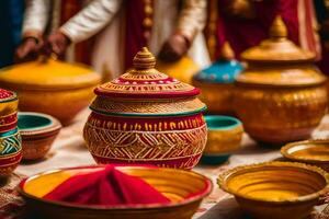 Indien mariage la cérémonie à le cachemiri mariage salle. généré par ai photo