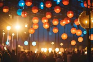 une foule de gens à une Festival avec coloré lumières. généré par ai photo