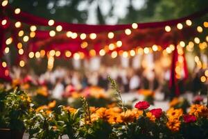 une mariage la cérémonie avec fleurs et lumières. généré par ai photo