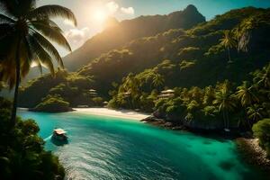 une tropical île avec paume des arbres et une bateau. généré par ai photo