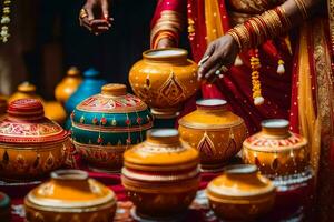 une femme dans traditionnel Indien tenue est en portant une pot. généré par ai photo