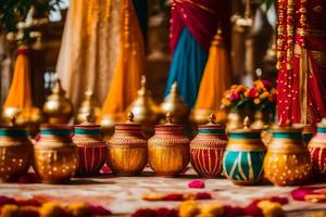 Indien mariage décor avec coloré des pots et guirlandes. généré par ai photo