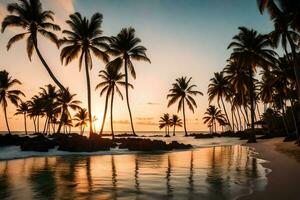 paume des arbres sur le plage à le coucher du soleil. généré par ai photo