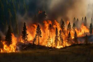 une forêt Feu est brûlant dans le milieu de une champ. généré par ai photo