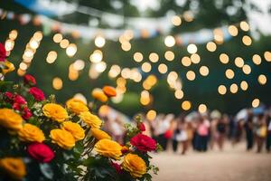 fleurs dans une champ avec gens dans le Contexte. généré par ai photo