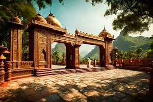 une magnifique temple dans le milieu de une parc. généré par ai photo