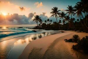 le Soleil ensembles sur le plage dans le Caraïbes. généré par ai photo